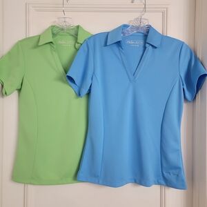 2 Lady Hagen V-Neck Golf Polo Dri-Fit Collard Shirts Blue Green. Sz- XS